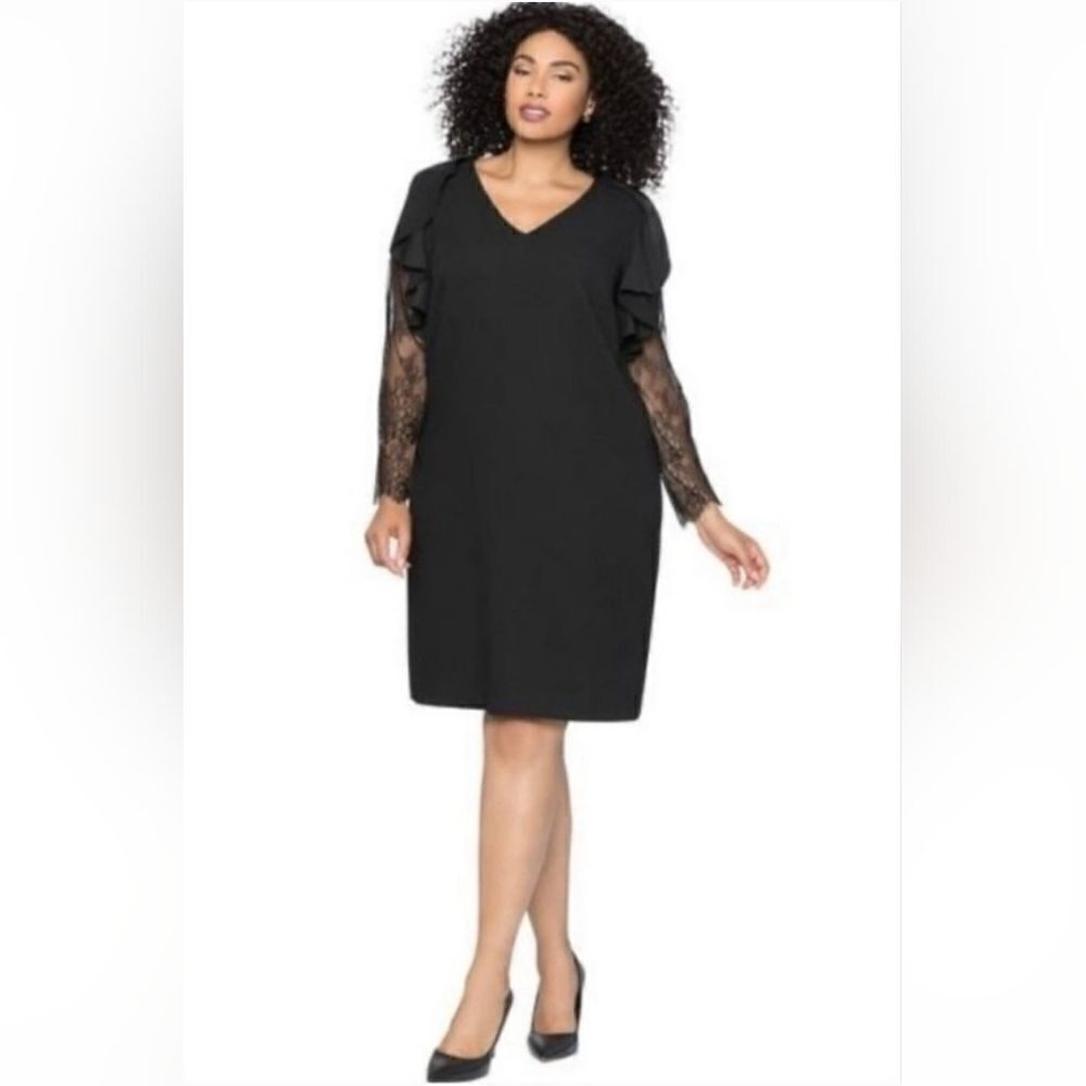 ELOQUII Black Ruffle Lace Sleeve Shift‎ Dress - Size 16